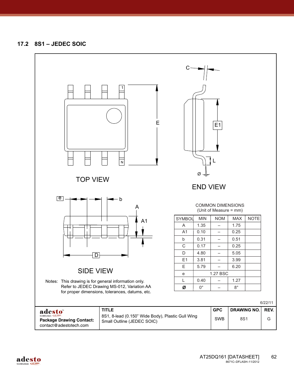 2 8s1 – jedec soic, Top view, End view | Side view | Rainbow Electronics AT25DQ161 User Manual | Page 62 / 65