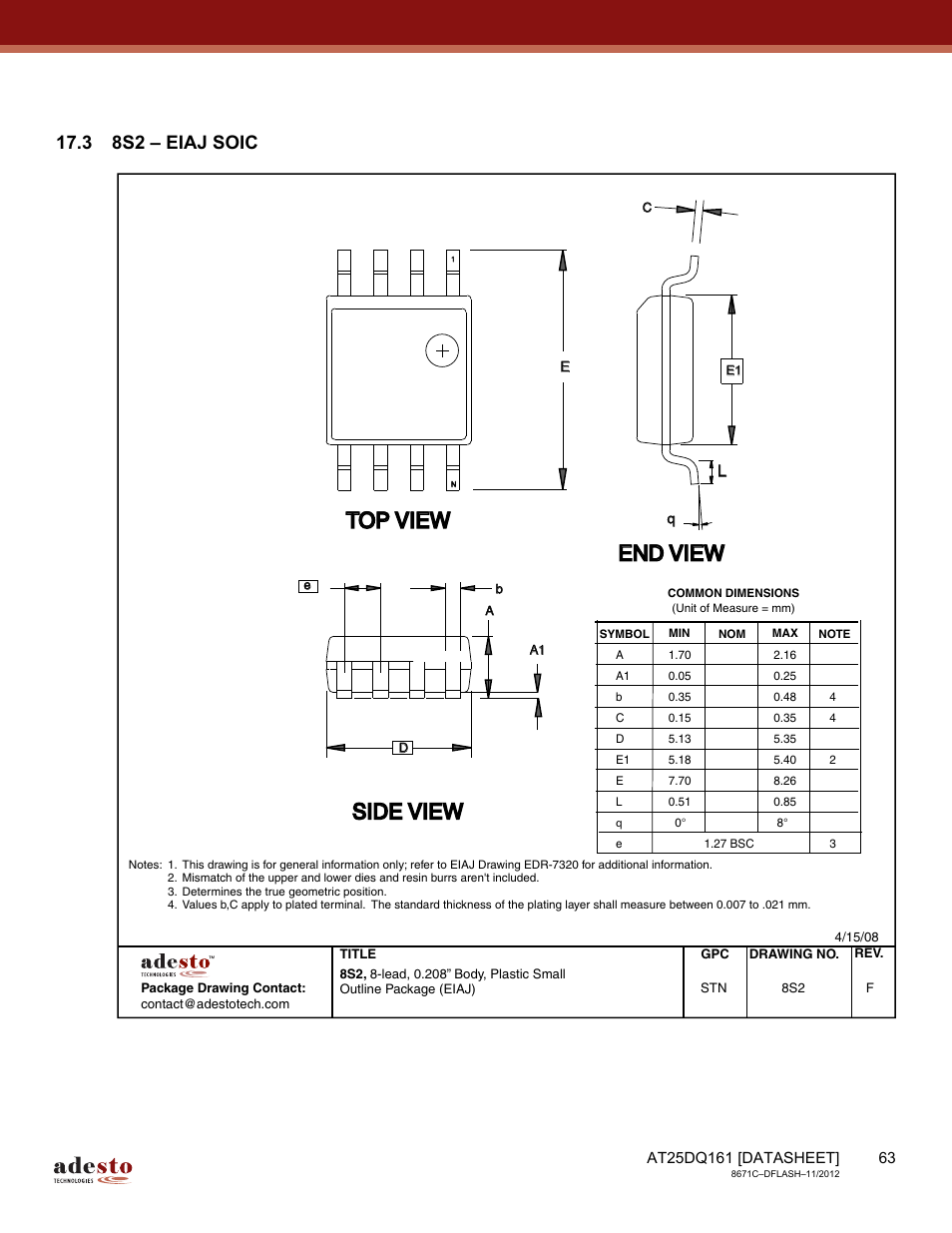 3 8s2 – eiaj soic, Top view, End view | Side view | Rainbow Electronics AT25DQ161 User Manual | Page 63 / 65
