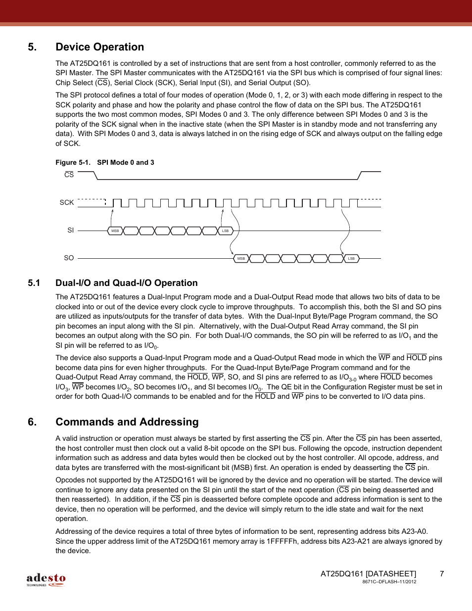 Device operation, 1 dual-i/o and quad-i/o operation, Commands and addressing | Rainbow Electronics AT25DQ161 User Manual | Page 7 / 65