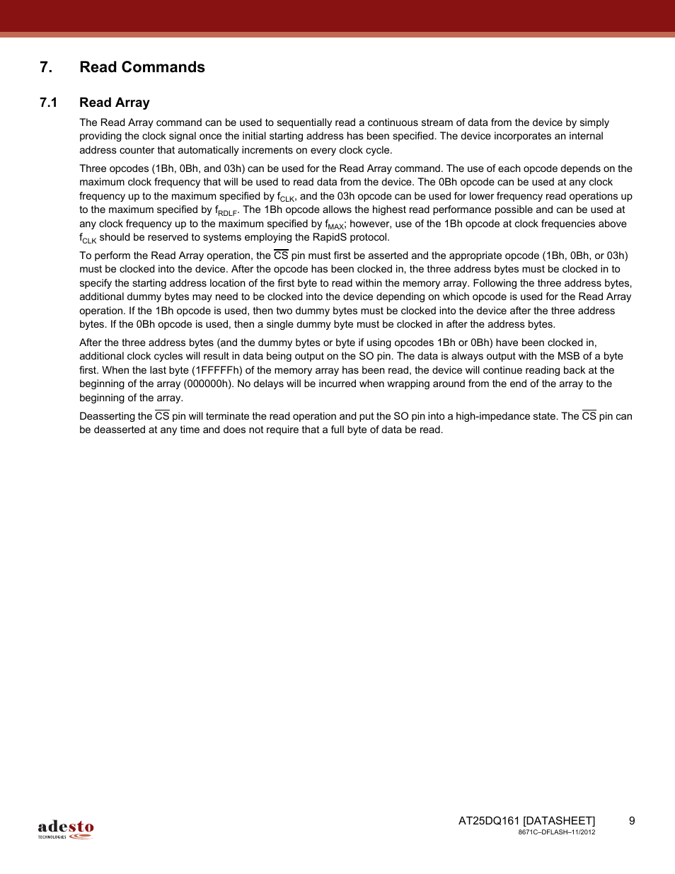 Read commands, 1 read array | Rainbow Electronics AT25DQ161 User Manual | Page 9 / 65