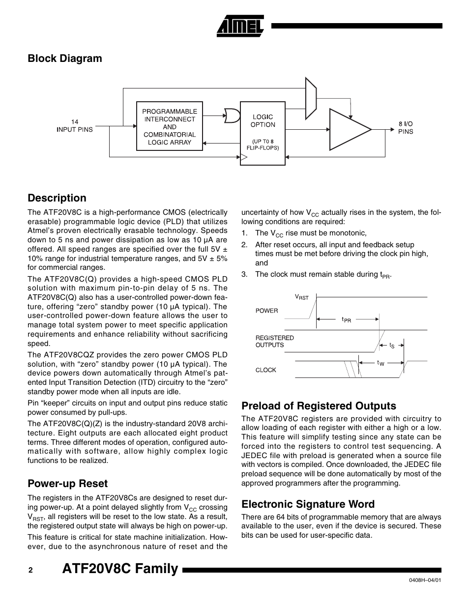 Block diagram, Description, Power-up reset | Preload of registered outputs, Electronic signature word, Atf20v8c family, Block diagram description | Rainbow Electronics ATF20V8CQZ User Manual | Page 2 / 30