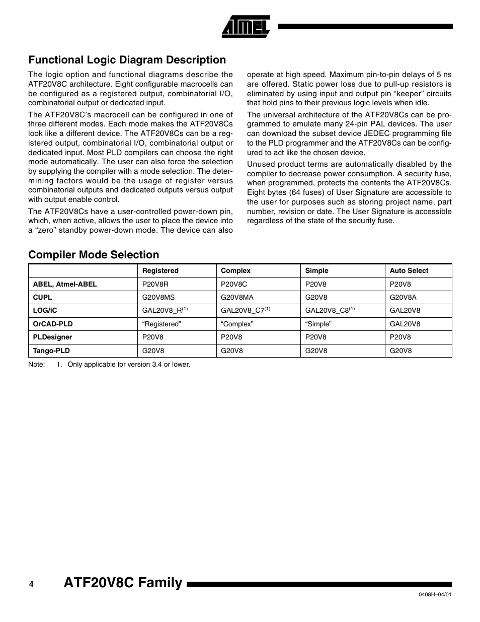 Functional logic diagram description, Compiler mode selection, Atf20v8c family | Rainbow Electronics ATF20V8CQZ User Manual | Page 4 / 30