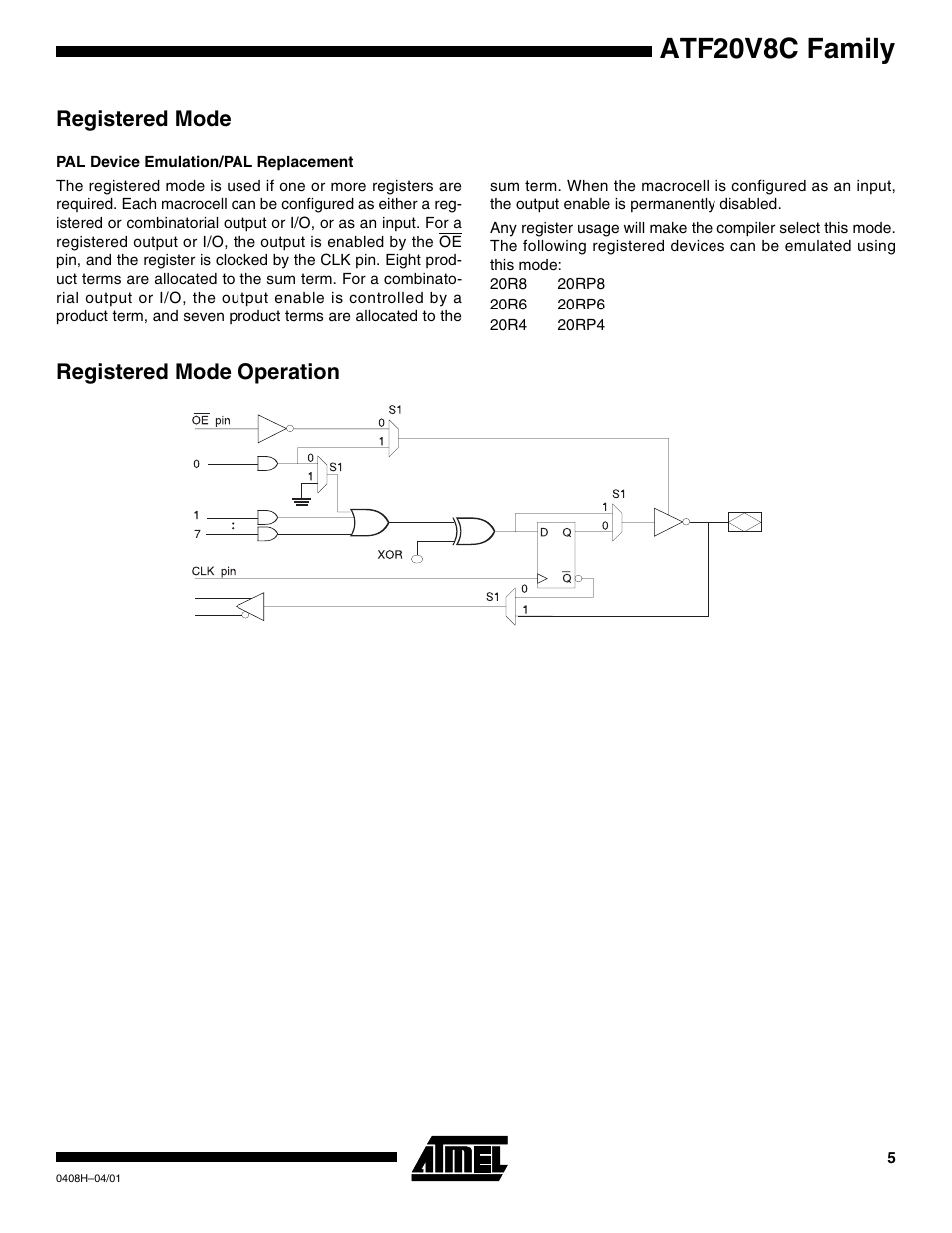 Registered mode, Pal device emulation/pal replacement, Registered mode operation | Atf20v8c family | Rainbow Electronics ATF20V8CQZ User Manual | Page 5 / 30