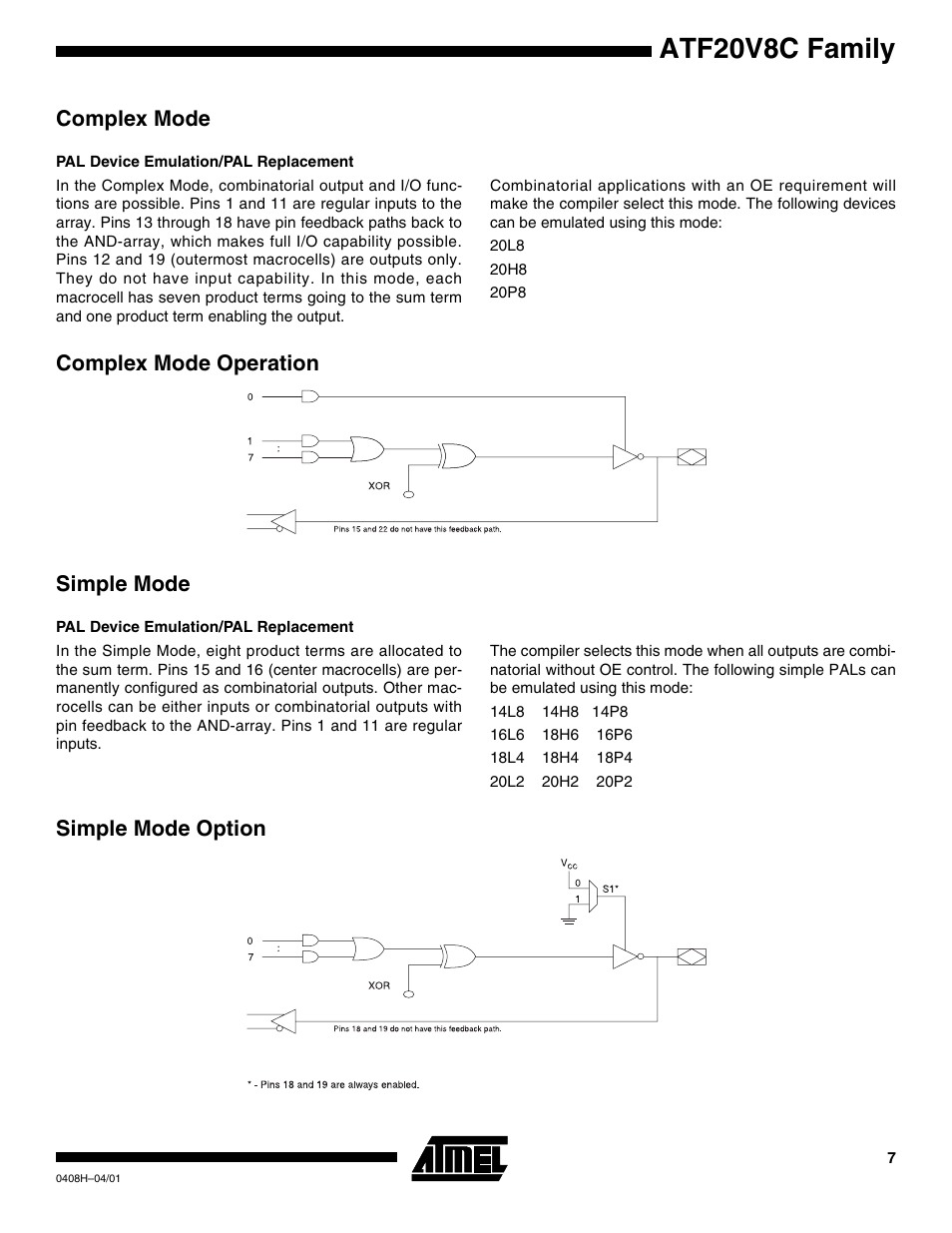 Complex mode, Pal device emulation/pal replacement, Complex mode operation | Simple mode, Simple mode option, Atf20v8c family, Complex mode operation simple mode | Rainbow Electronics ATF20V8CQZ User Manual | Page 7 / 30