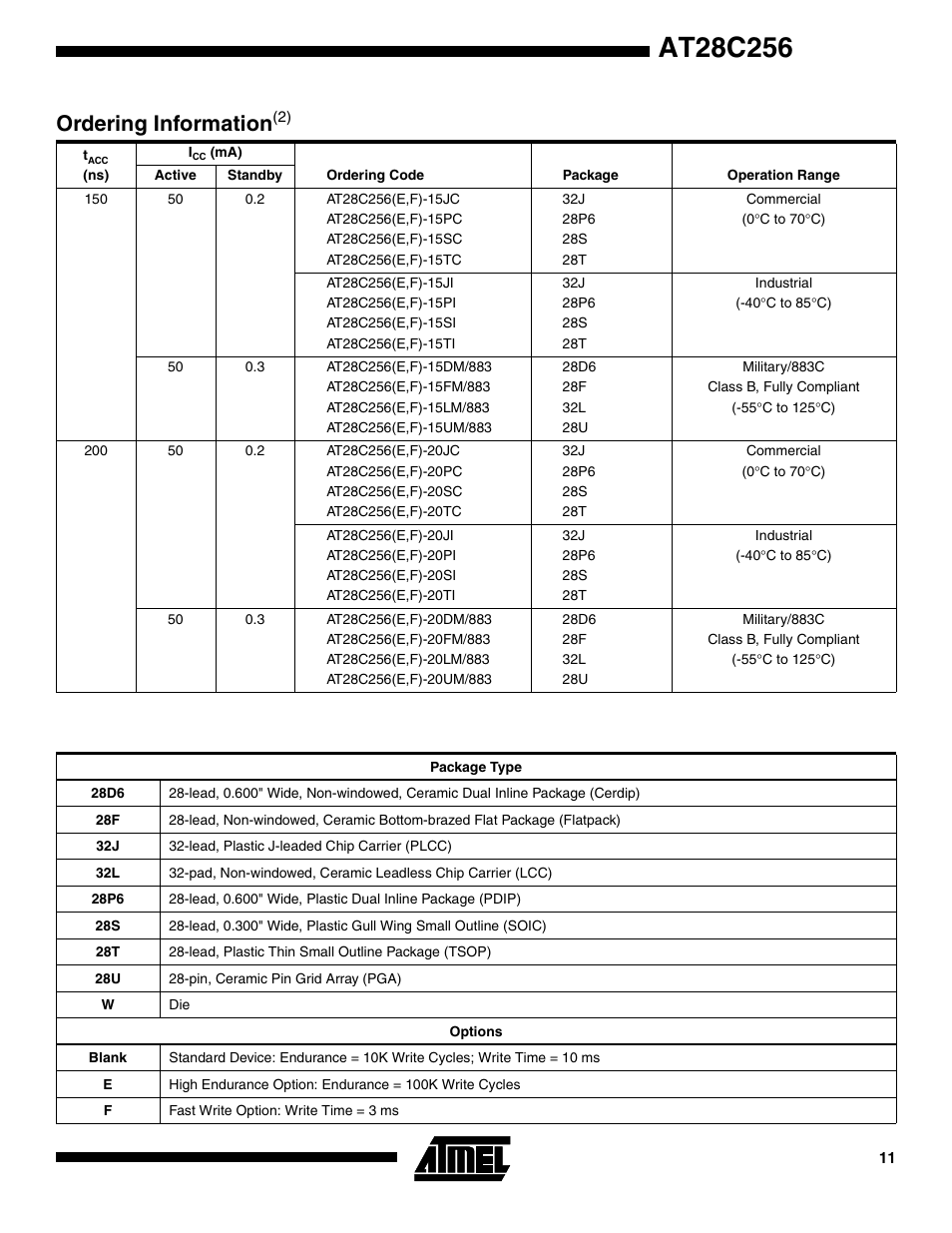 Ordering information(2), Ordering informatio n | Rainbow Electronics AT28C256 User Manual | Page 11 / 18