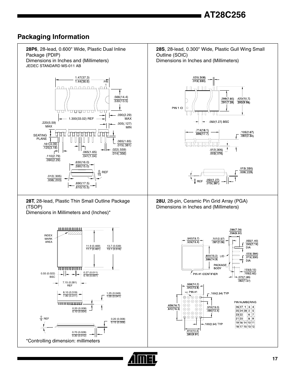 Packaging information, Controlling dimension: millimeters | Rainbow Electronics AT28C256 User Manual | Page 17 / 18