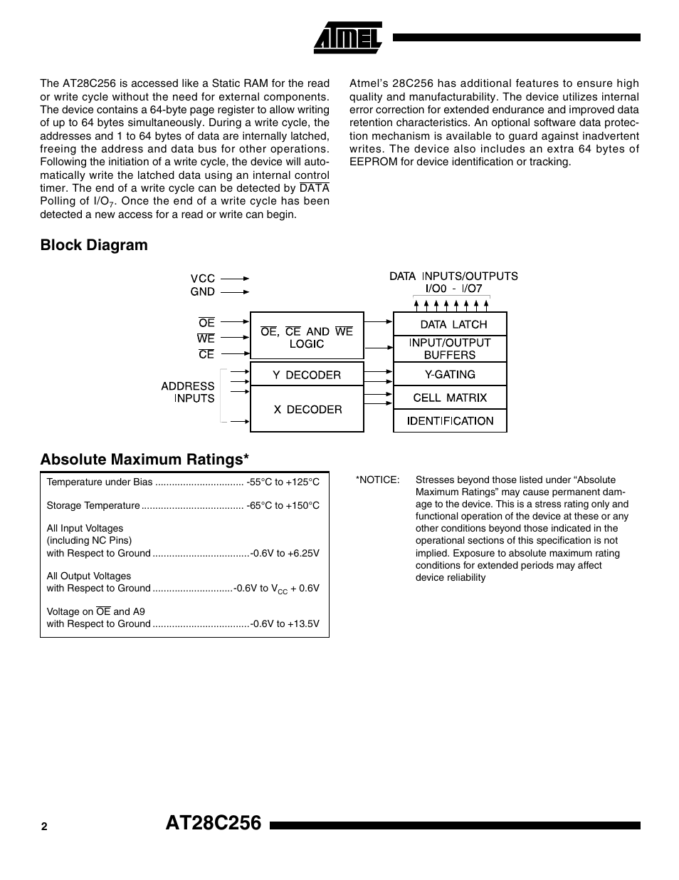 Block diagram, Absolute maximum ratings, Block diagram absolute maximum ratings | Rainbow Electronics AT28C256 User Manual | Page 2 / 18