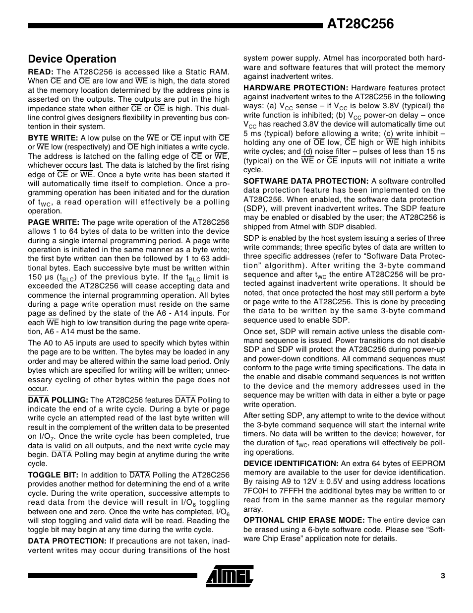 Device operation | Rainbow Electronics AT28C256 User Manual | Page 3 / 18