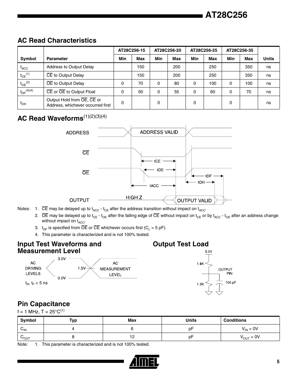Ac read characteristics, Ac read waveforms(1)(2)(3)(4), Input test waveforms and measurement level | Output test load, Pin capacitance, Ac read waveform s | Rainbow Electronics AT28C256 User Manual | Page 5 / 18