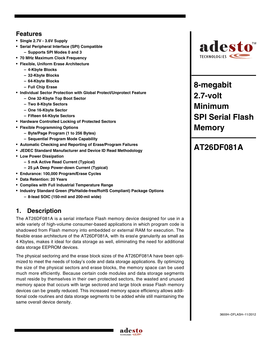 Rainbow Electronics AT26DF081A User Manual | 40 pages