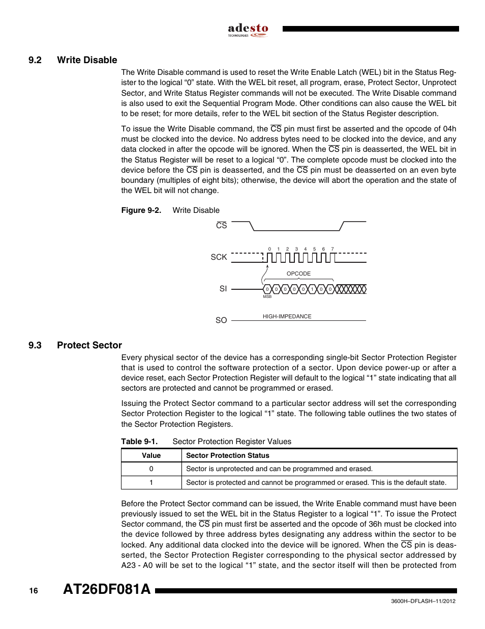 2 write disable, 3 protect sector, Protect sector” on | Rainbow Electronics AT26DF081A User Manual | Page 16 / 40