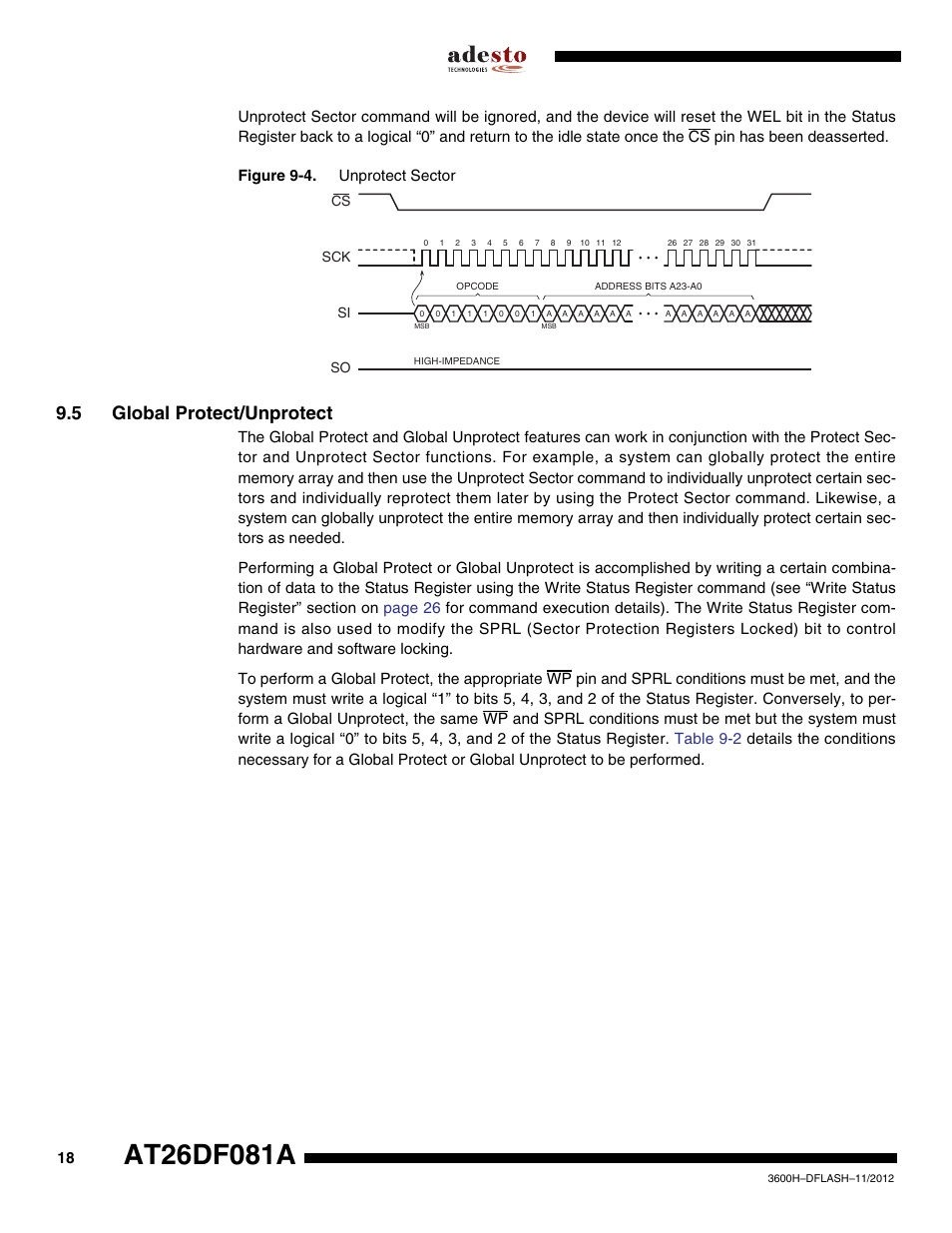 5 global protect/unprotect, Sck cs si so | Rainbow Electronics AT26DF081A User Manual | Page 18 / 40