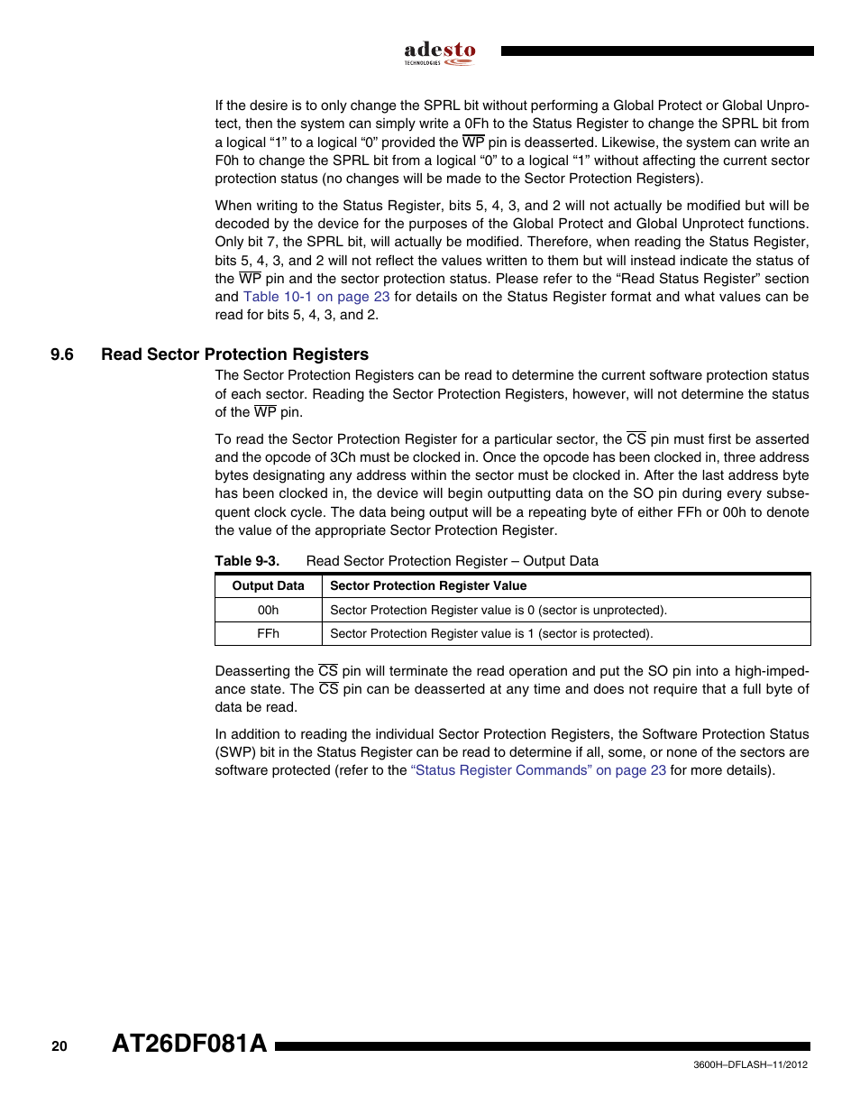 6 read sector protection registers | Rainbow Electronics AT26DF081A User Manual | Page 20 / 40