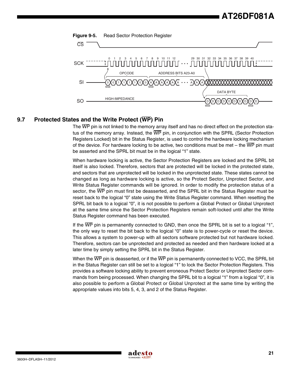 7 protected states and the write protect (wp) pin, Figure 9-5. read sector protection register | Rainbow Electronics AT26DF081A User Manual | Page 21 / 40