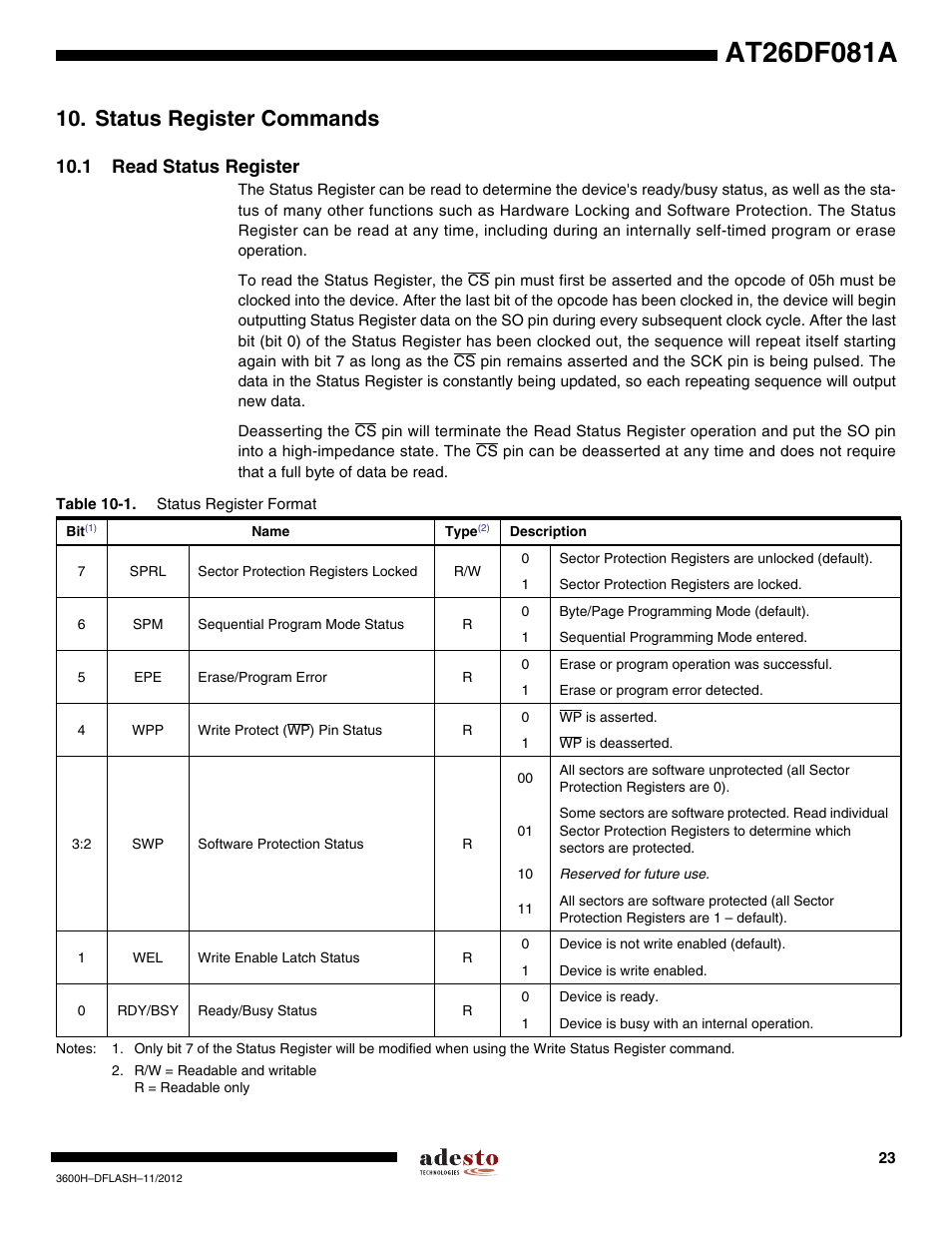 Status register commands, 1 read status register | Rainbow Electronics AT26DF081A User Manual | Page 23 / 40