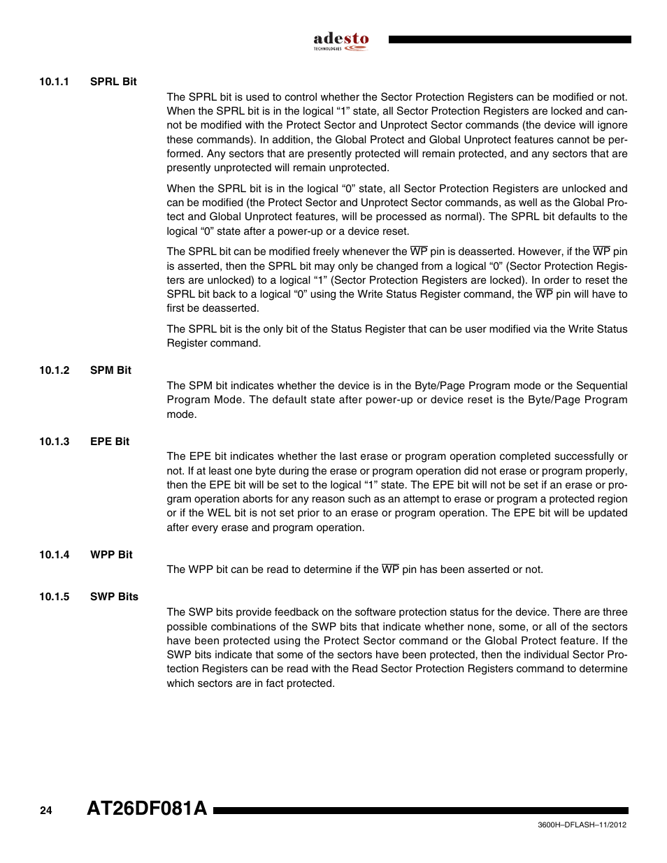 1 sprl bit, 2 spm bit, 3 epe bit | 4 wpp bit, 5 swp bits | Rainbow Electronics AT26DF081A User Manual | Page 24 / 40