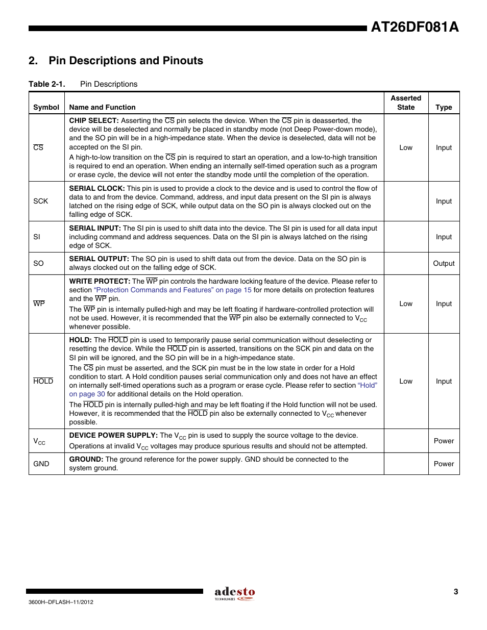 Pin descriptions and pinouts | Rainbow Electronics AT26DF081A User Manual | Page 3 / 40