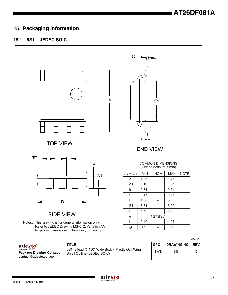 Packaging information, 1 8s1 – jedec soic, Top view | End view, Side view | Rainbow Electronics AT26DF081A User Manual | Page 37 / 40