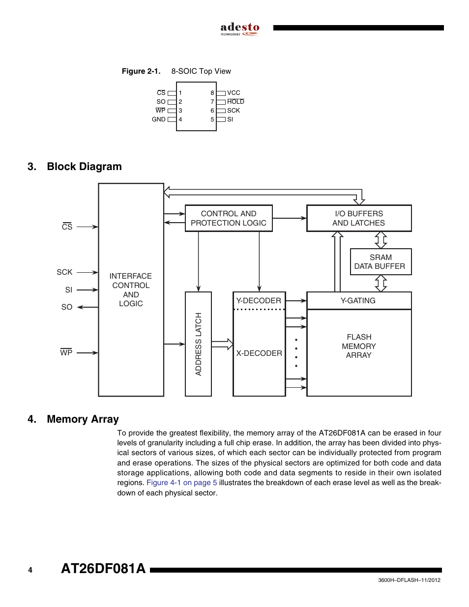 Block diagram, Memory array | Rainbow Electronics AT26DF081A User Manual | Page 4 / 40