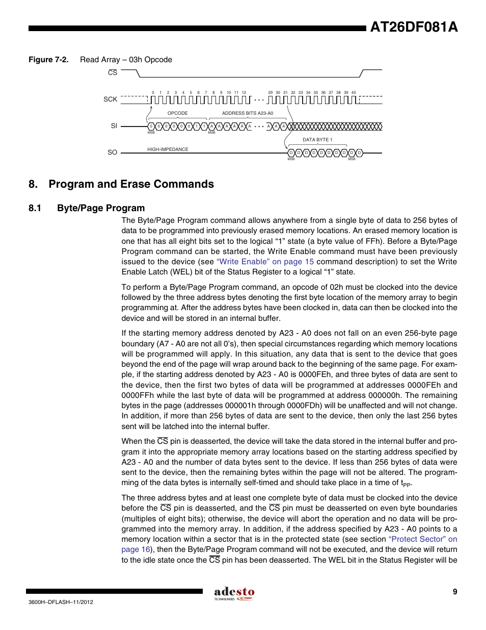 Program and erase commands, 1 byte/page program, Figure 7-2. read array – 03h opcode | Rainbow Electronics AT26DF081A User Manual | Page 9 / 40