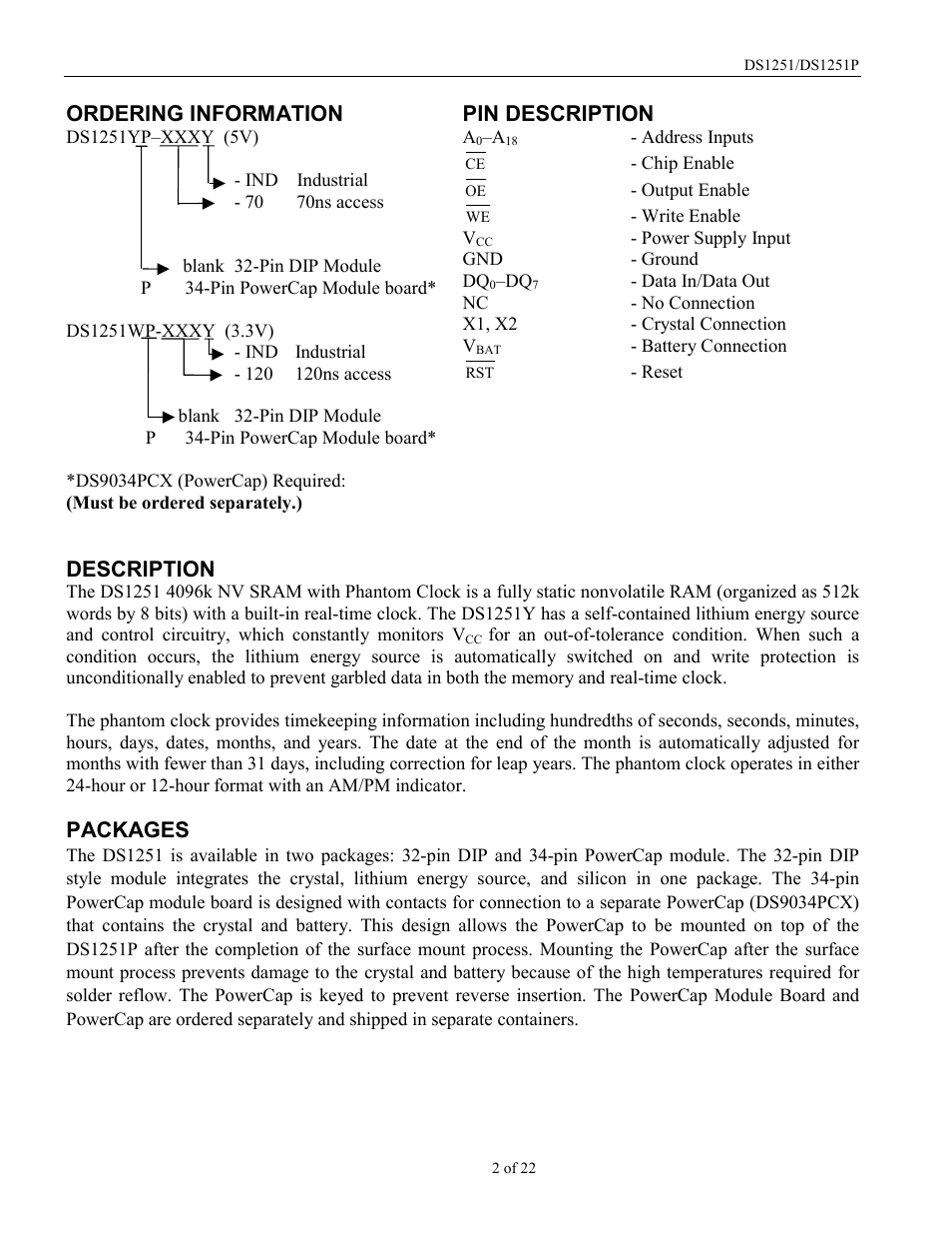 Ordering information, Pin description, Description | Packages | Rainbow Electronics DS1251Y User Manual | Page 2 / 22