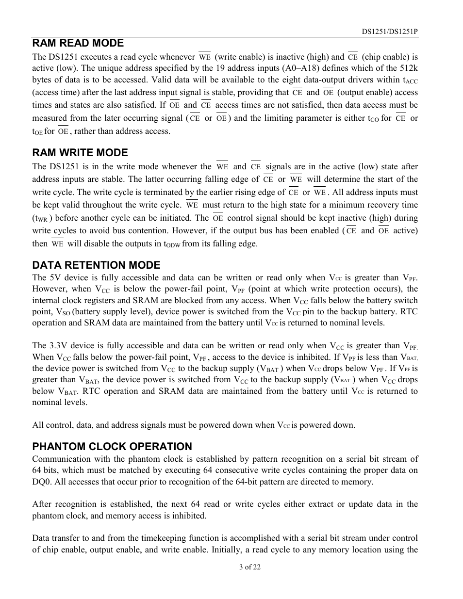 Ram read mode, Ram write mode, Data retention mode | Phantom clock operation | Rainbow Electronics DS1251Y User Manual | Page 3 / 22