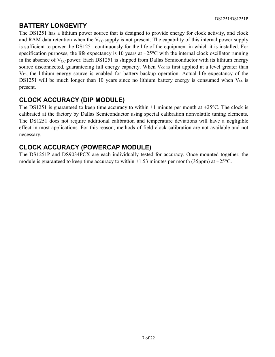 Battery longevity, Clock accuracy (dip module), Clock accuracy (powercap module) | Rainbow Electronics DS1251Y User Manual | Page 7 / 22