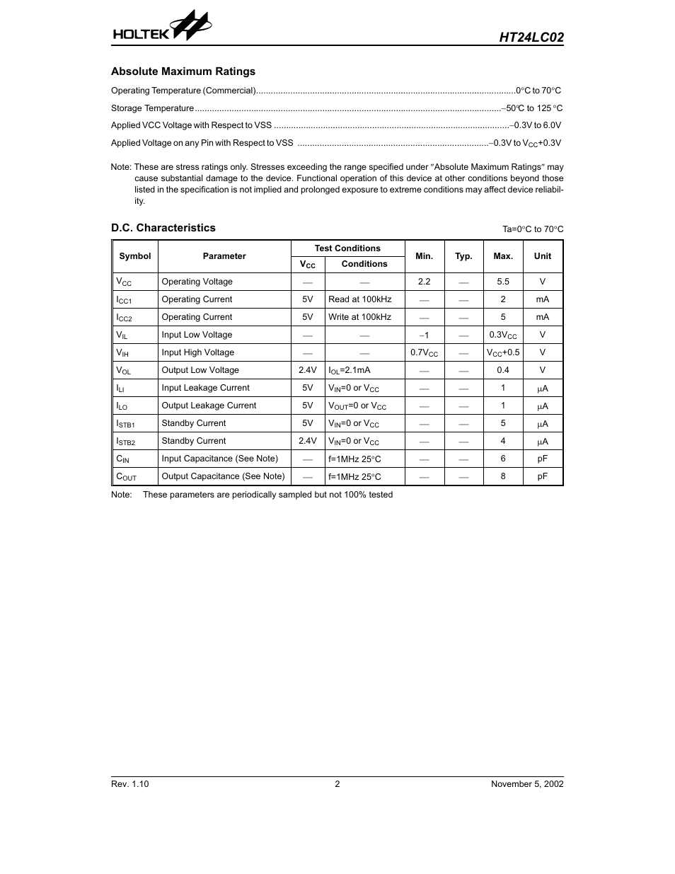 Absolute maximum ratings, D.c. characteristics, Ht24lc02 | Rainbow Electronics HT24LC02 User Manual | Page 2 / 12