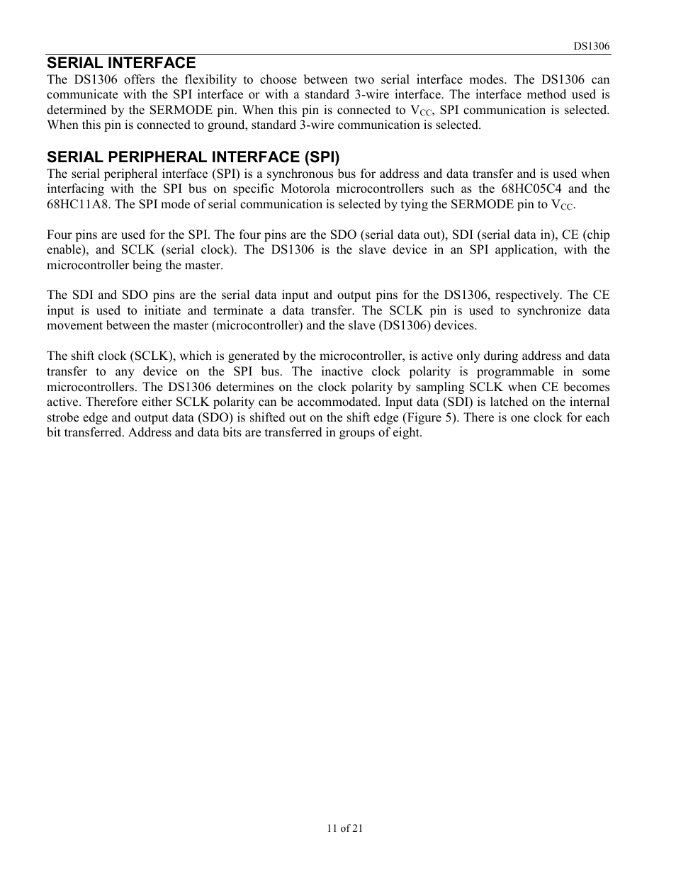 Serial interface, Serial peripheral interface (spi) | Rainbow Electronics DS1306 User Manual | Page 11 / 21