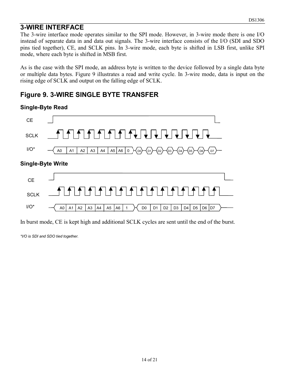 Wire interface, Figure 9. 3-wire single byte transfer | Rainbow Electronics DS1306 User Manual | Page 14 / 21