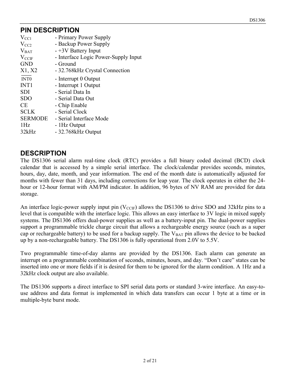 Pin description, Description | Rainbow Electronics DS1306 User Manual | Page 2 / 21