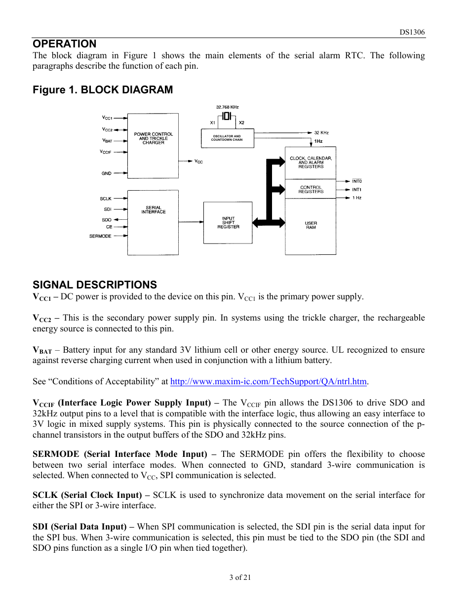 Operation, Figure 1. block diagram signal descriptions | Rainbow Electronics DS1306 User Manual | Page 3 / 21