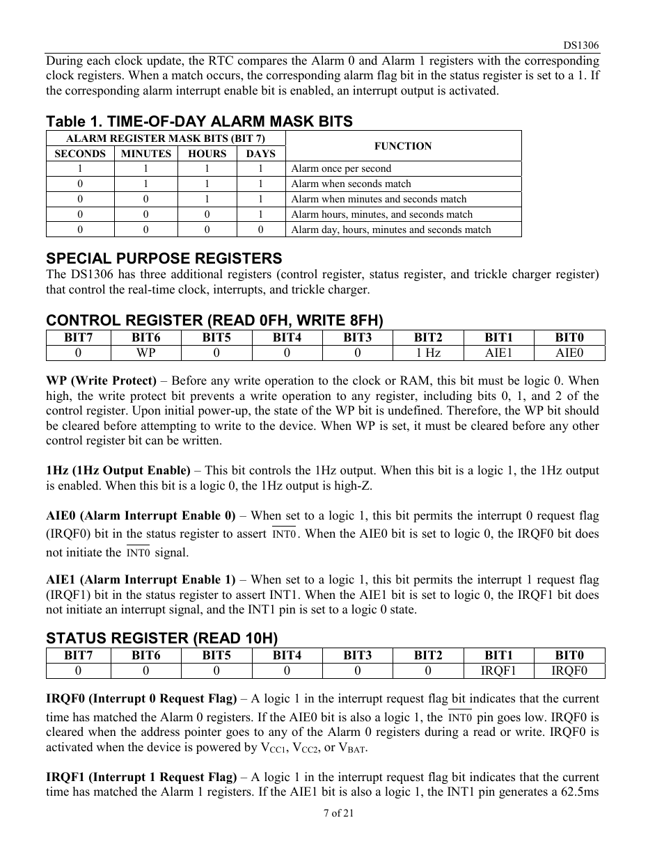 Table 1. time-of-day alarm mask bits, Special purpose registers, Control register (read 0fh, write 8fh) | Status register (read 10h) | Rainbow Electronics DS1306 User Manual | Page 7 / 21