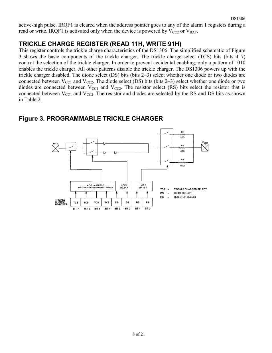 Trickle charge register (read 11h, write 91h), Figure 3. programmable trickle charger | Rainbow Electronics DS1306 User Manual | Page 8 / 21