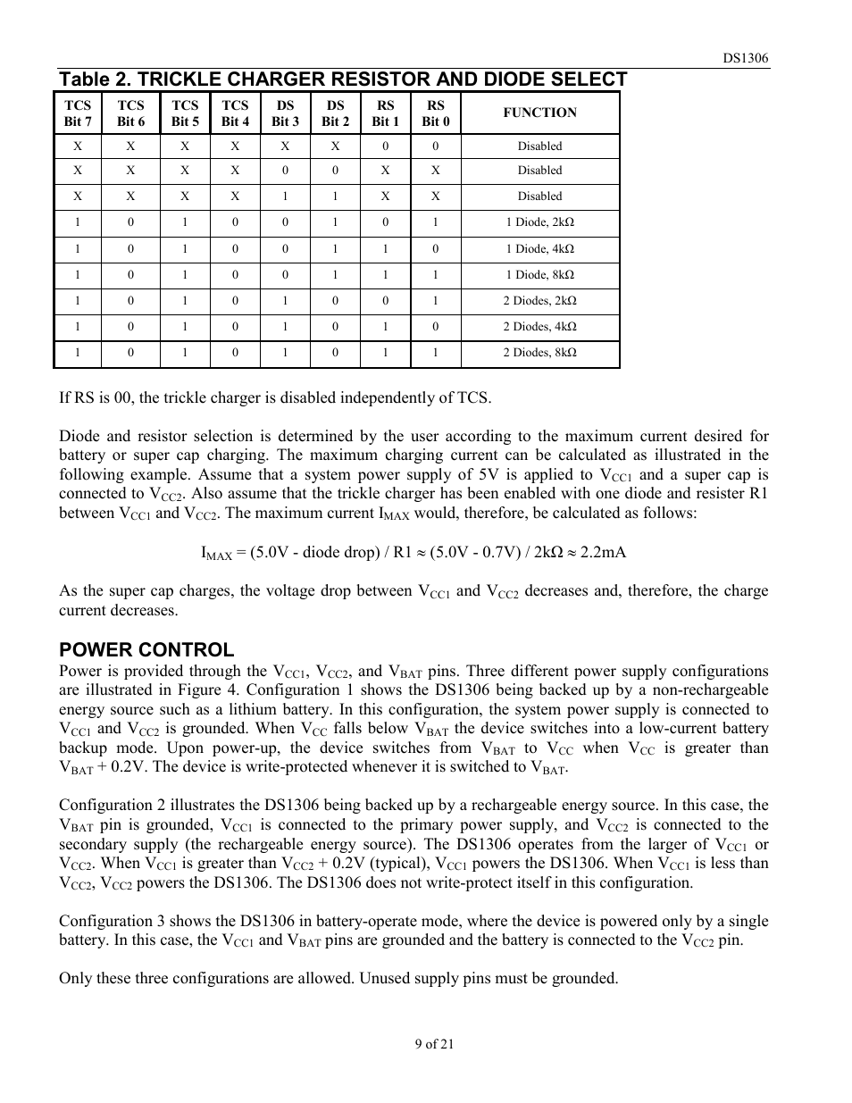 Table 2. trickle charger resistor and diode select, Power control | Rainbow Electronics DS1306 User Manual | Page 9 / 21