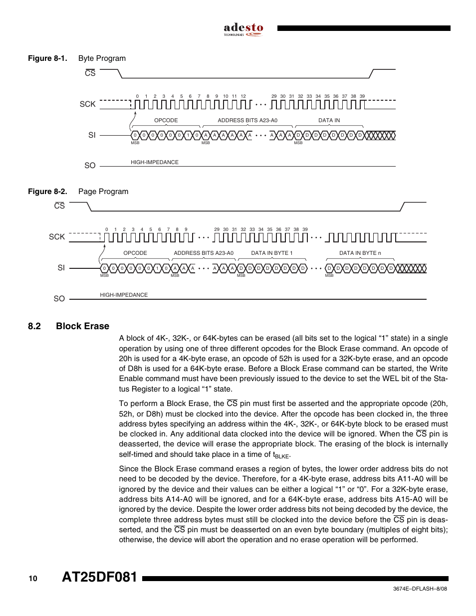 2 block erase, Figure 8-1. byte program figure 8-2. page program, Sck cs si so | Rainbow Electronics AT25DF081 User Manual | Page 10 / 38