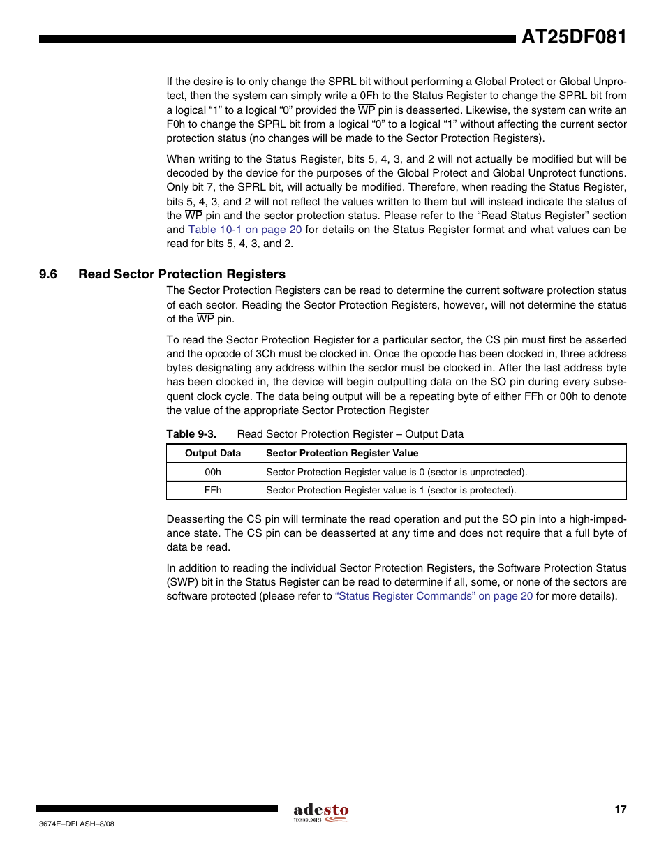 6 read sector protection registers | Rainbow Electronics AT25DF081 User Manual | Page 17 / 38
