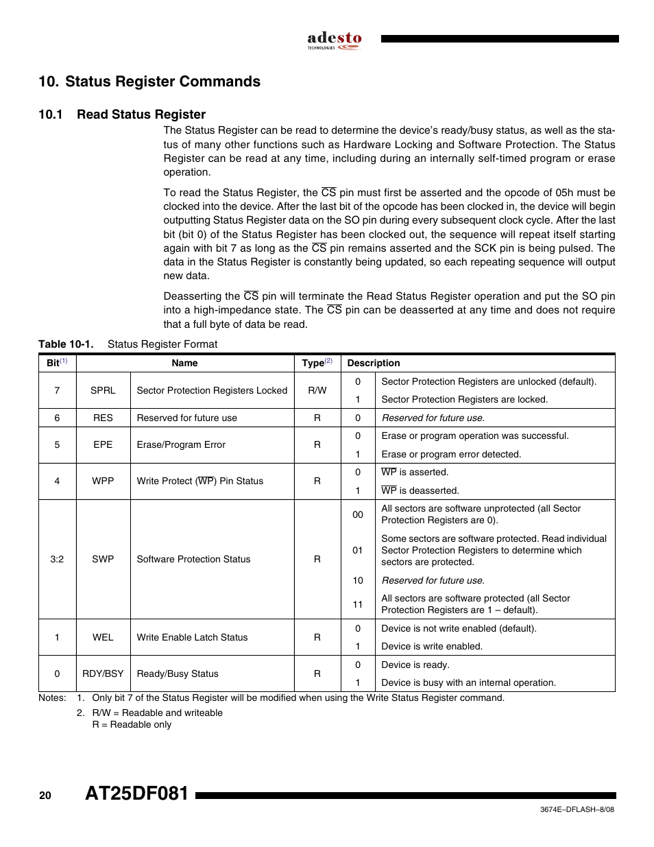 Status register commands, 1 read status register, Status register commands” on | Rainbow Electronics AT25DF081 User Manual | Page 20 / 38