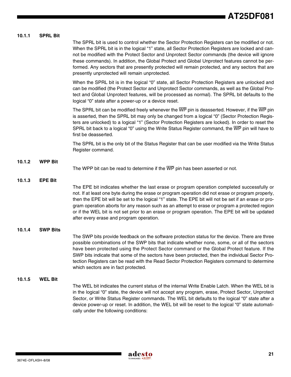 1 sprl bit, 2 wpp bit, 3 epe bit | 4 swp bits, 5 wel bit | Rainbow Electronics AT25DF081 User Manual | Page 21 / 38