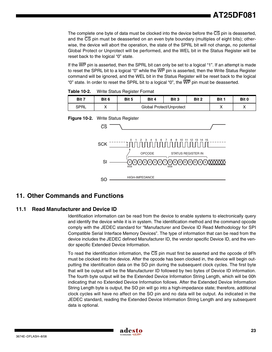 Other commands and functions, 1 read manufacturer and device id | Rainbow Electronics AT25DF081 User Manual | Page 23 / 38