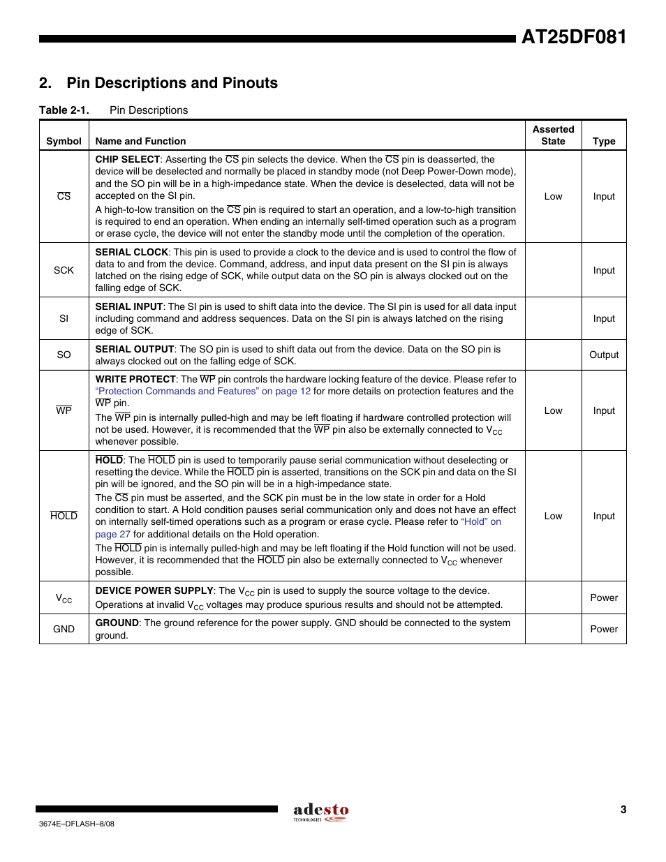 Pin descriptions and pinouts | Rainbow Electronics AT25DF081 User Manual | Page 3 / 38