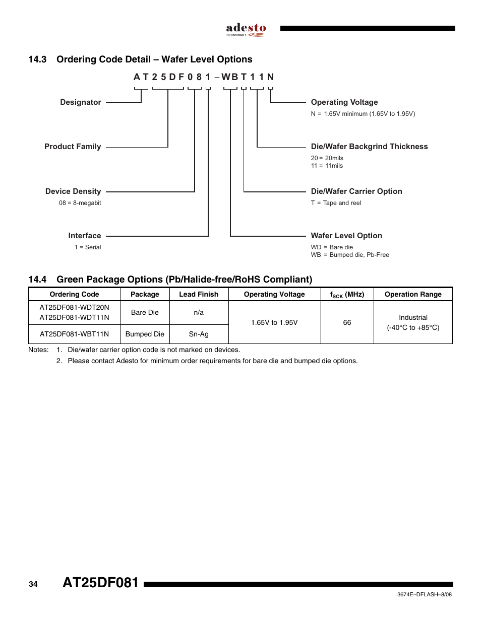 3 ordering code detail – wafer level options | Rainbow Electronics AT25DF081 User Manual | Page 34 / 38