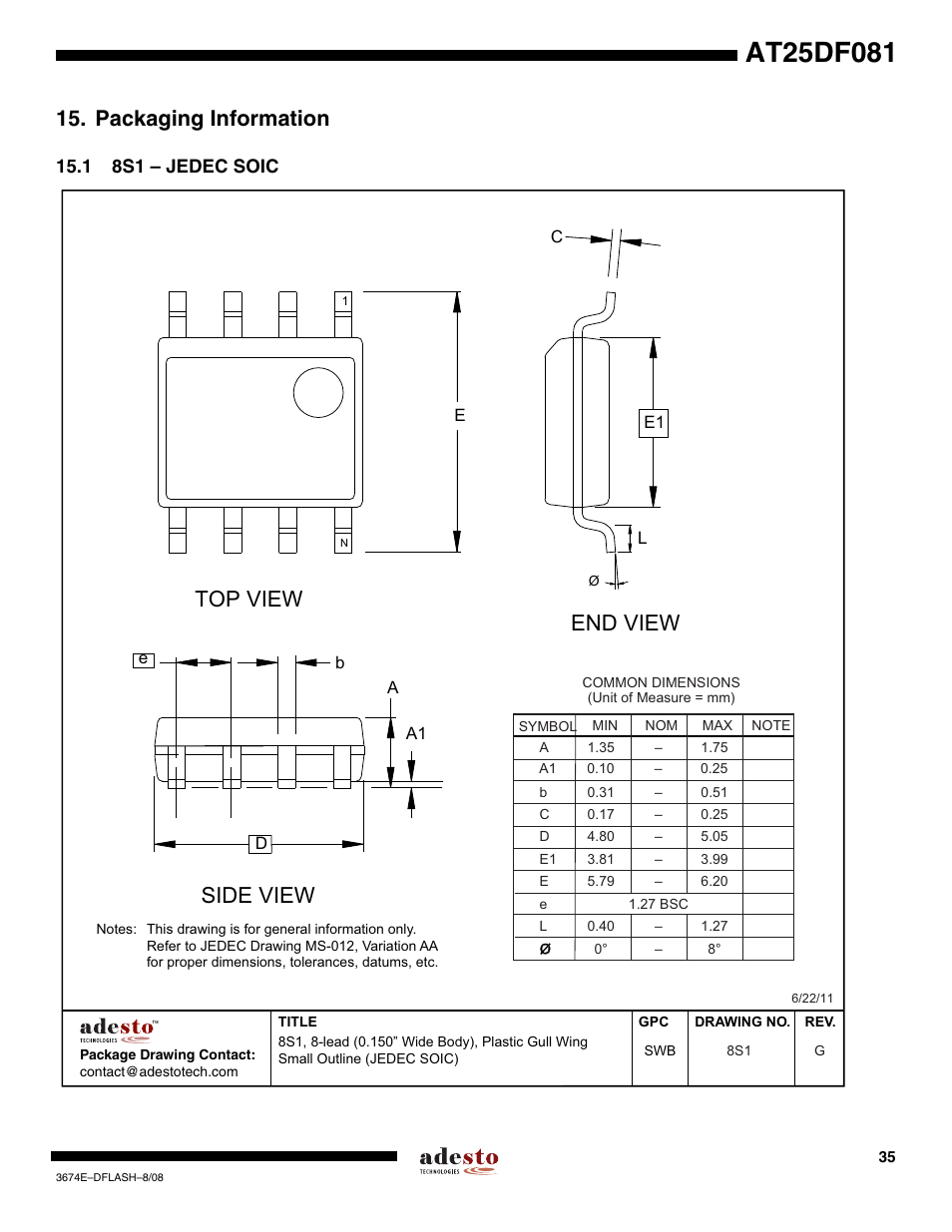 Packaging information, 1 8s1 – jedec soic, Top view | End view, Side view | Rainbow Electronics AT25DF081 User Manual | Page 35 / 38