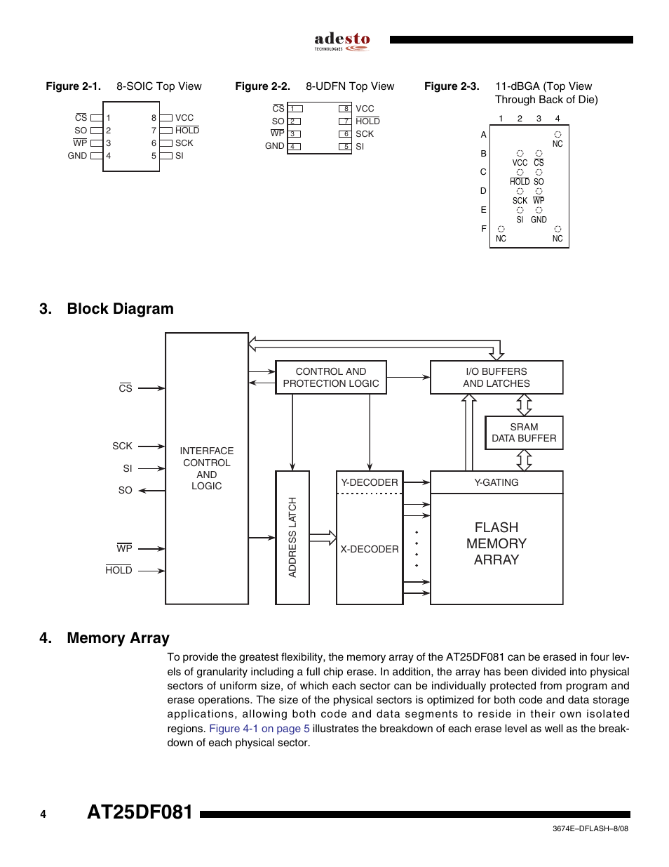 Block diagram, Memory array | Rainbow Electronics AT25DF081 User Manual | Page 4 / 38