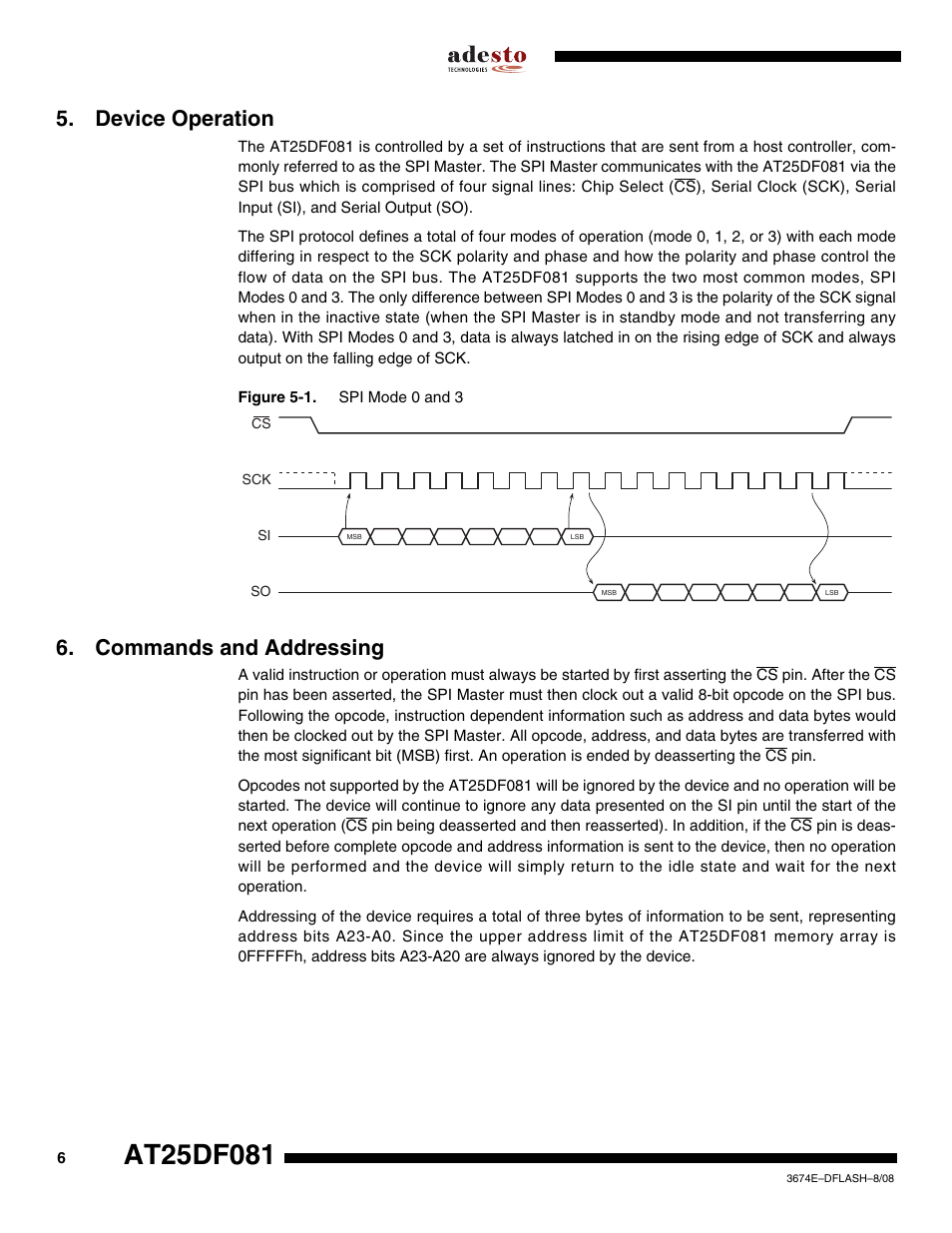 Device operation, Commands and addressing | Rainbow Electronics AT25DF081 User Manual | Page 6 / 38