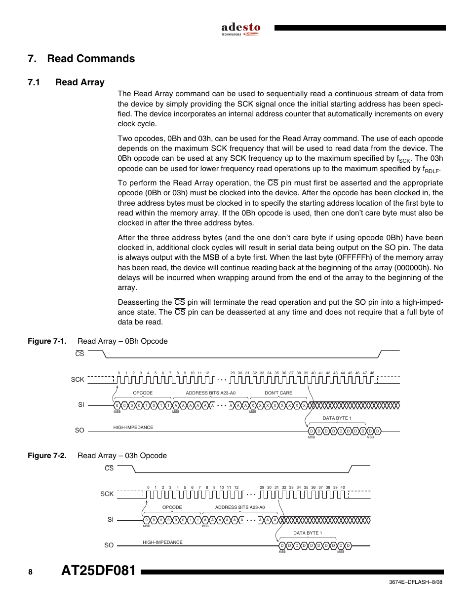 Read commands, 1 read array, Sck cs si so | Rainbow Electronics AT25DF081 User Manual | Page 8 / 38