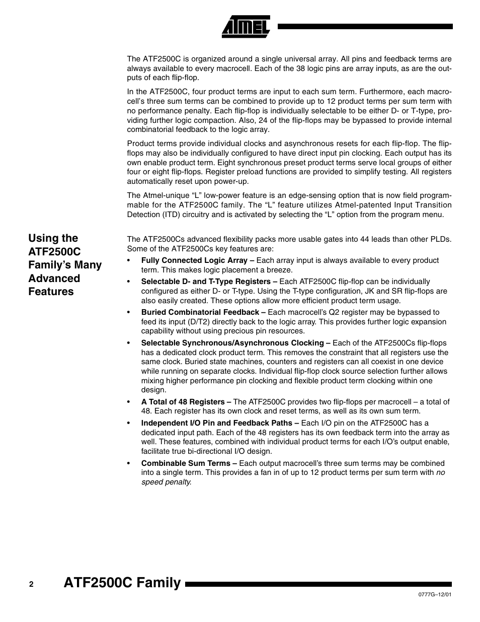 Using the atf2500c family’s many advanced features, Atf2500c family | Rainbow Electronics ATF2500CQL User Manual | Page 2 / 37