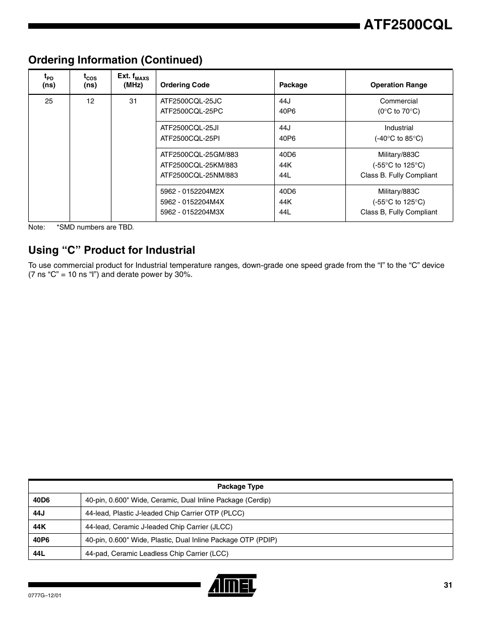 Using “c” product for industrial, Atf2500cql, Ordering information (continued) | Rainbow Electronics ATF2500CQL User Manual | Page 31 / 37