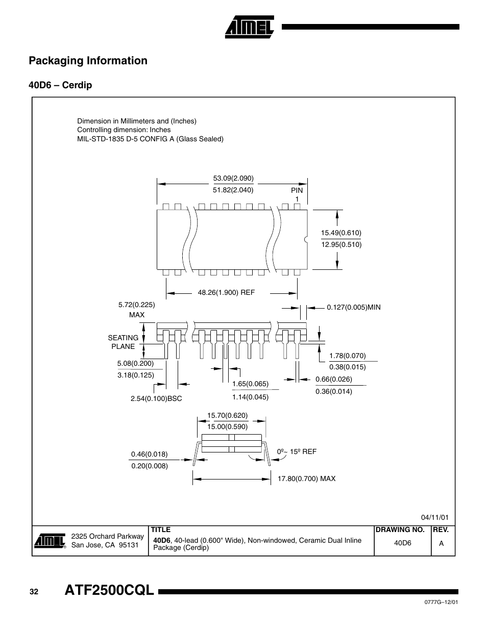 Packaging information, 40d6 – cerdip, Atf2500cql | Rainbow Electronics ATF2500CQL User Manual | Page 32 / 37