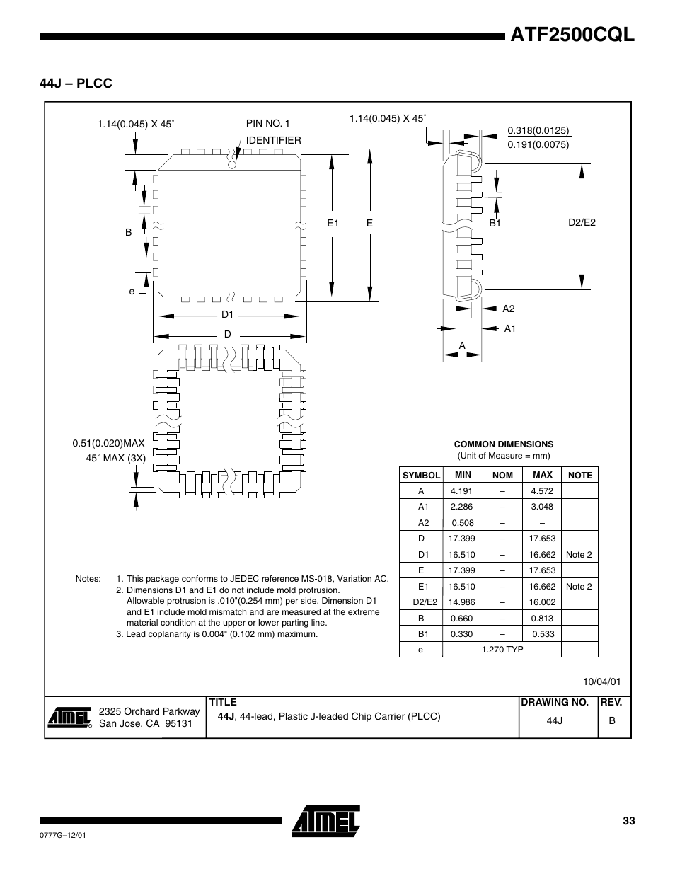 44j – plcc, Atf2500cql | Rainbow Electronics ATF2500CQL User Manual | Page 33 / 37
